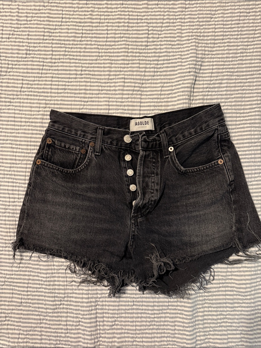 Agolde Black High-Rise Button-Fly Frayed Denim Shorts